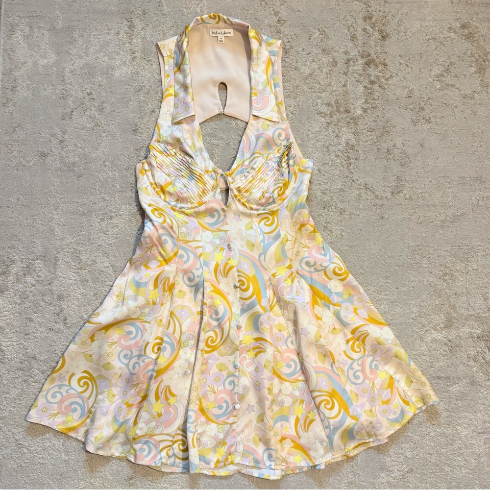 For Love & Lemons Marcia Floral Celestial Star Satin Mini Dress Size Medium - Picture 7 of 16
